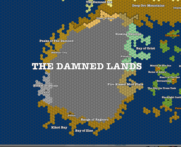 The Damned Lands (dark gray hexes are uncharted territory)